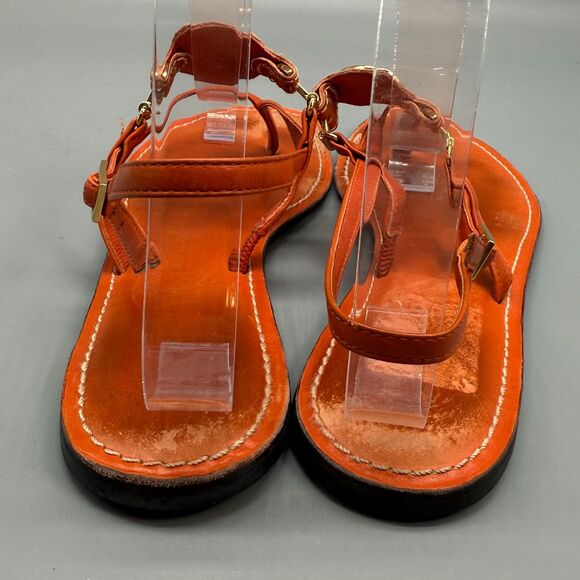 Tory Burch Ali Women 8 Orange Patent Leather Flat Sandals Buckle Thong Gold Logo - Picture 5 of 10